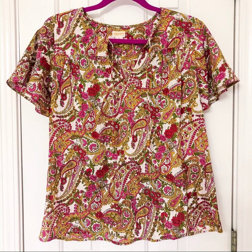 HAPPY by PINK CHICKEN • Pink + Green Paisley Floral Print Boho Top